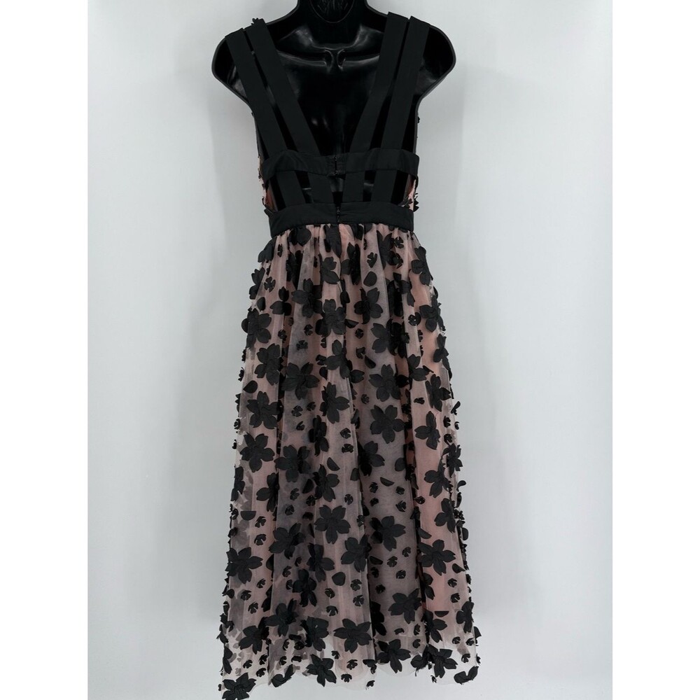 Anthropologie Strappy Floral Floral Appliqúe Tulle Midi Dress | Black /Blush | 0 - Picture 3 of 12